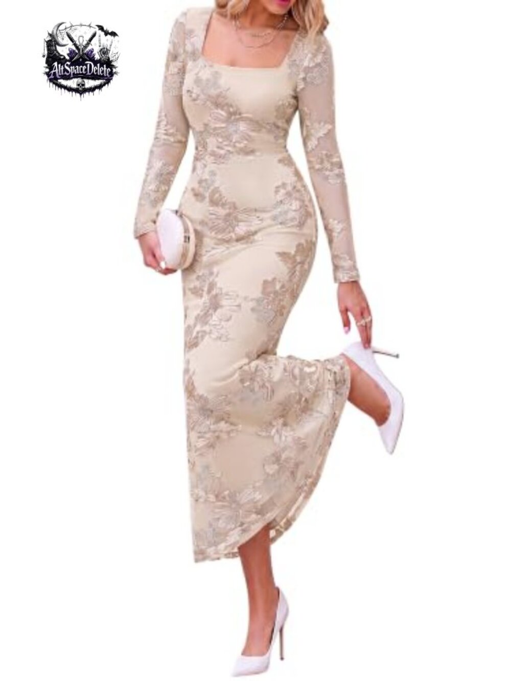 Bodycon Floral Mesh Maxi Dress Square Neck Long Sleeve Mermaid Wedding Guest